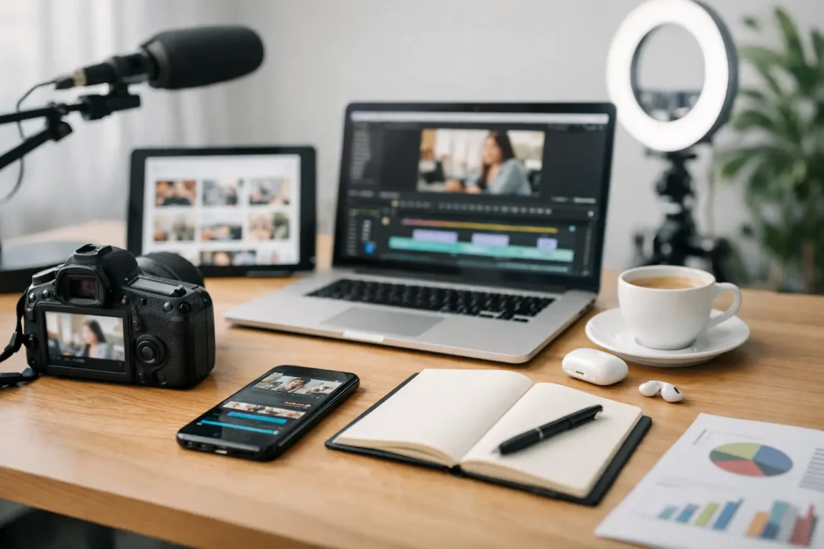 Content creation setup with laptop, camera, and mobile device for The Mommy CEO.