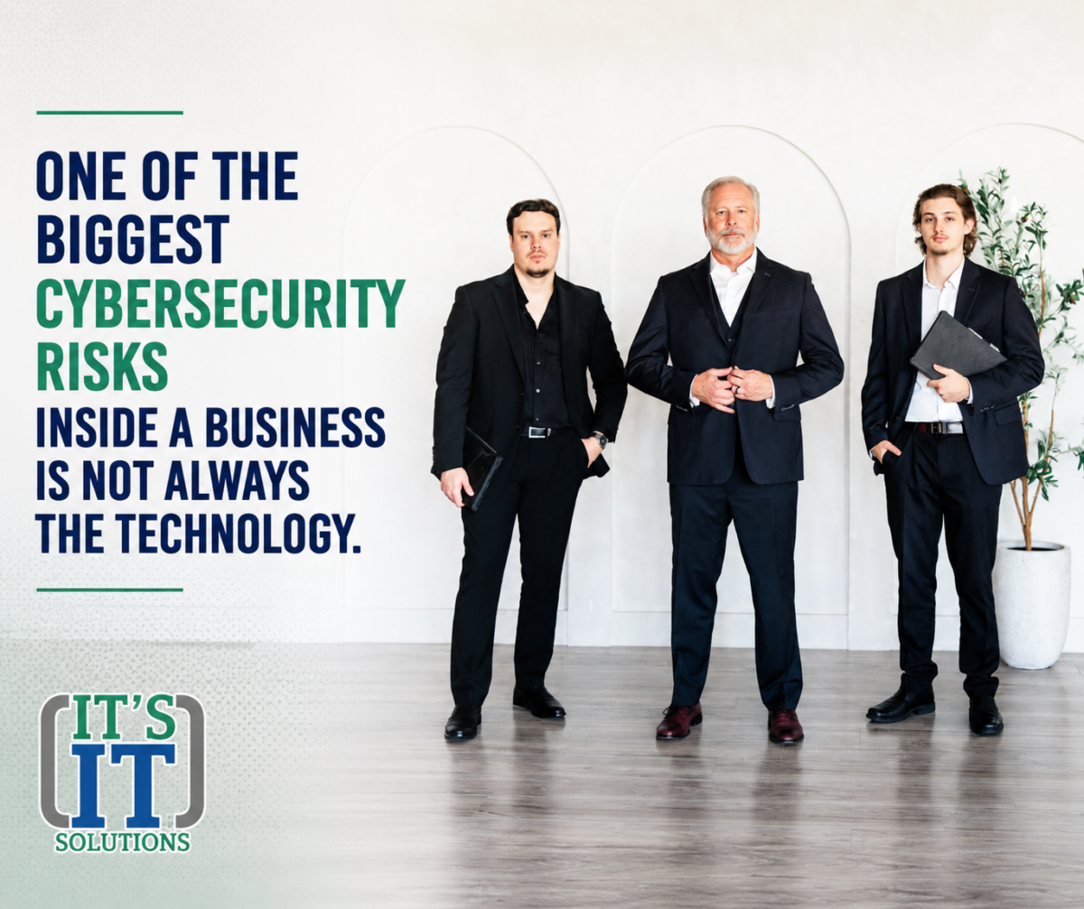 IT's IT Solutions cybersecurity brand positioning with business professionals and text overlay.