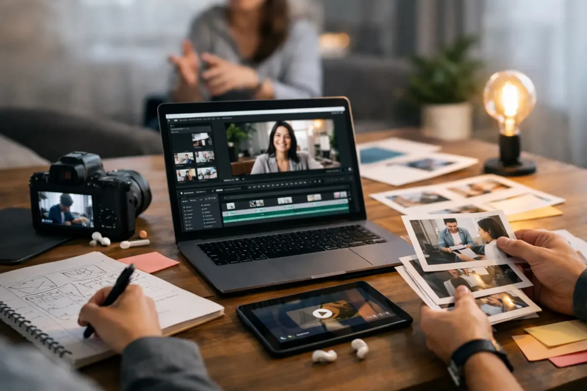 Laptop displaying video editing software and content creation tools for brand storytelling