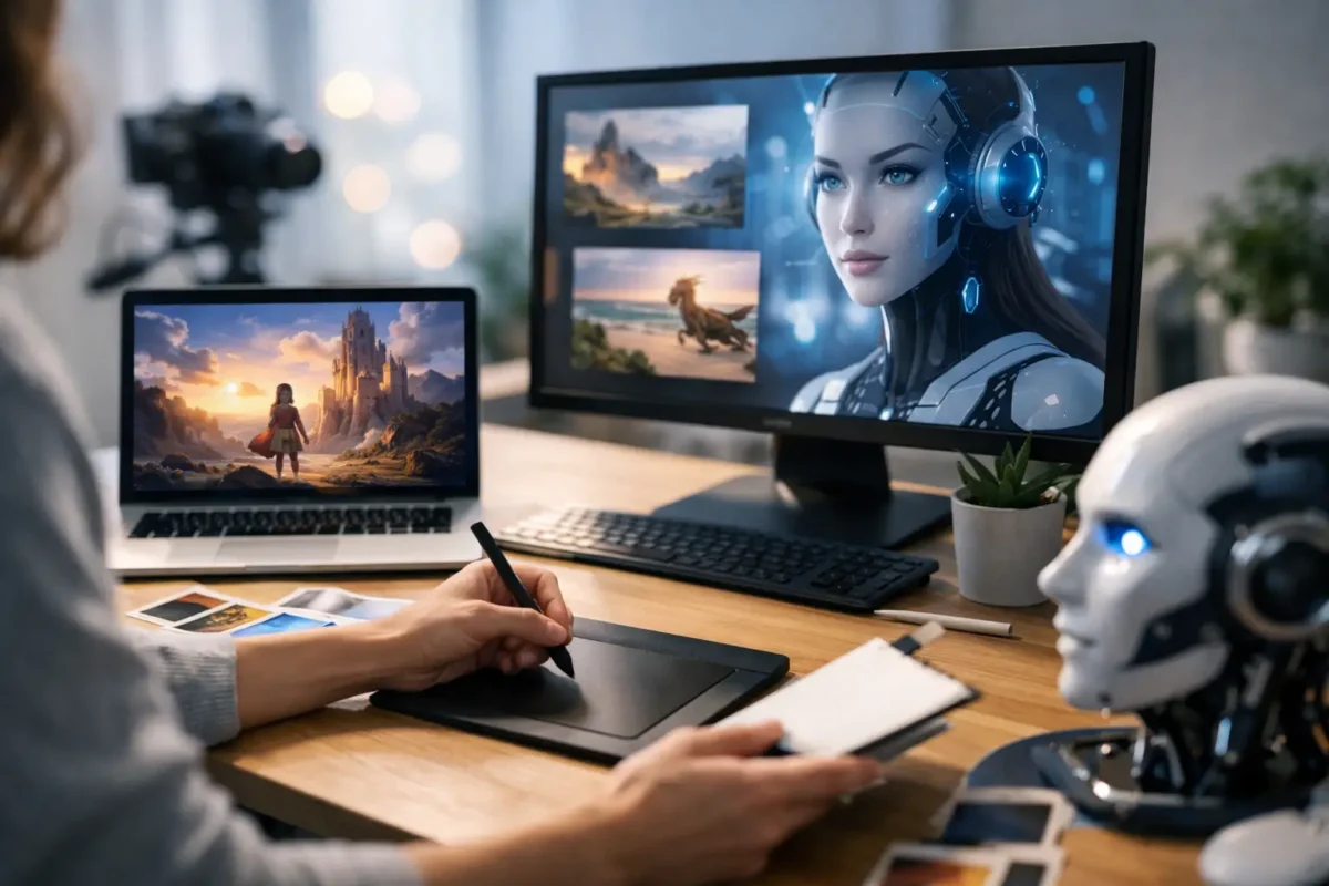 Generative AI content creation tools on computer screen and laptop, illustrating storytelling for entrepreneurs and moms.