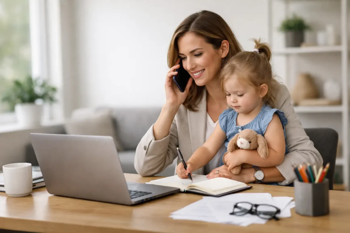 Mother and child in home office balancing motherhood and business, woman on phone with laptop and notebook.