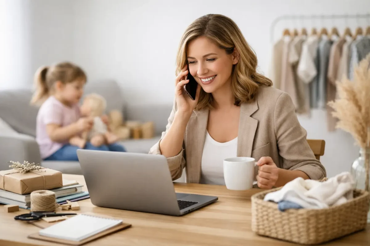 Mother balancing work and family, building a mom brand with laptop and phone.