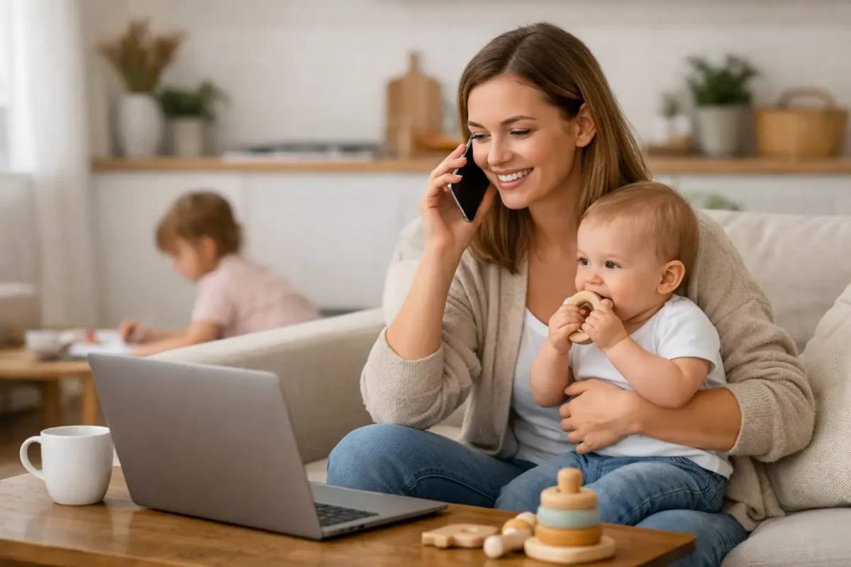 Mother multitasking at home with baby and laptop, balancing motherhood and business.