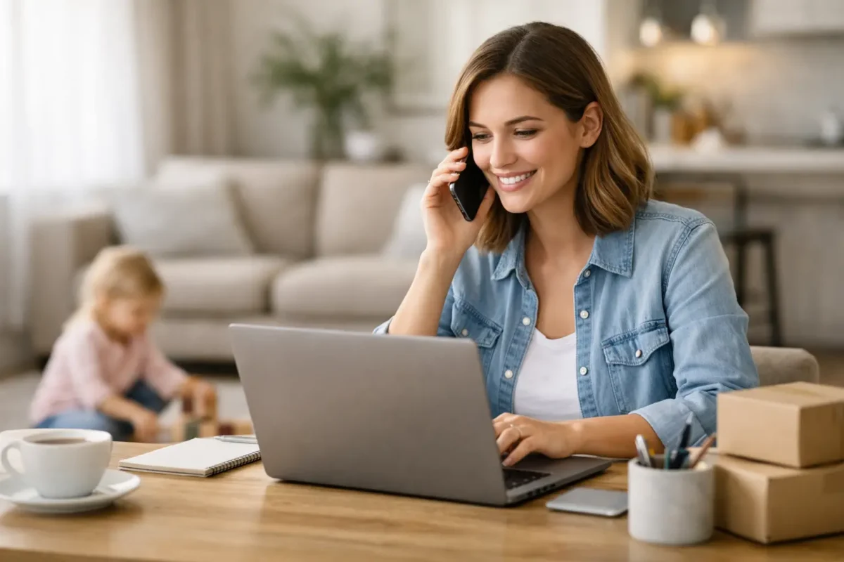 Stay-at-home mom working on laptop and talking on phone, building a business at home.