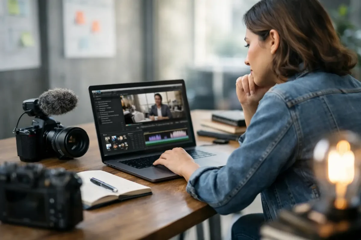 Woman creating content on laptop, illustrating storytelling course benefits for entrepreneurs