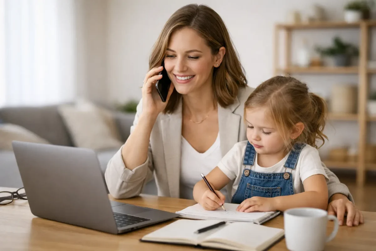 Mother working from home with daughter, balancing motherhood and entrepreneurship.