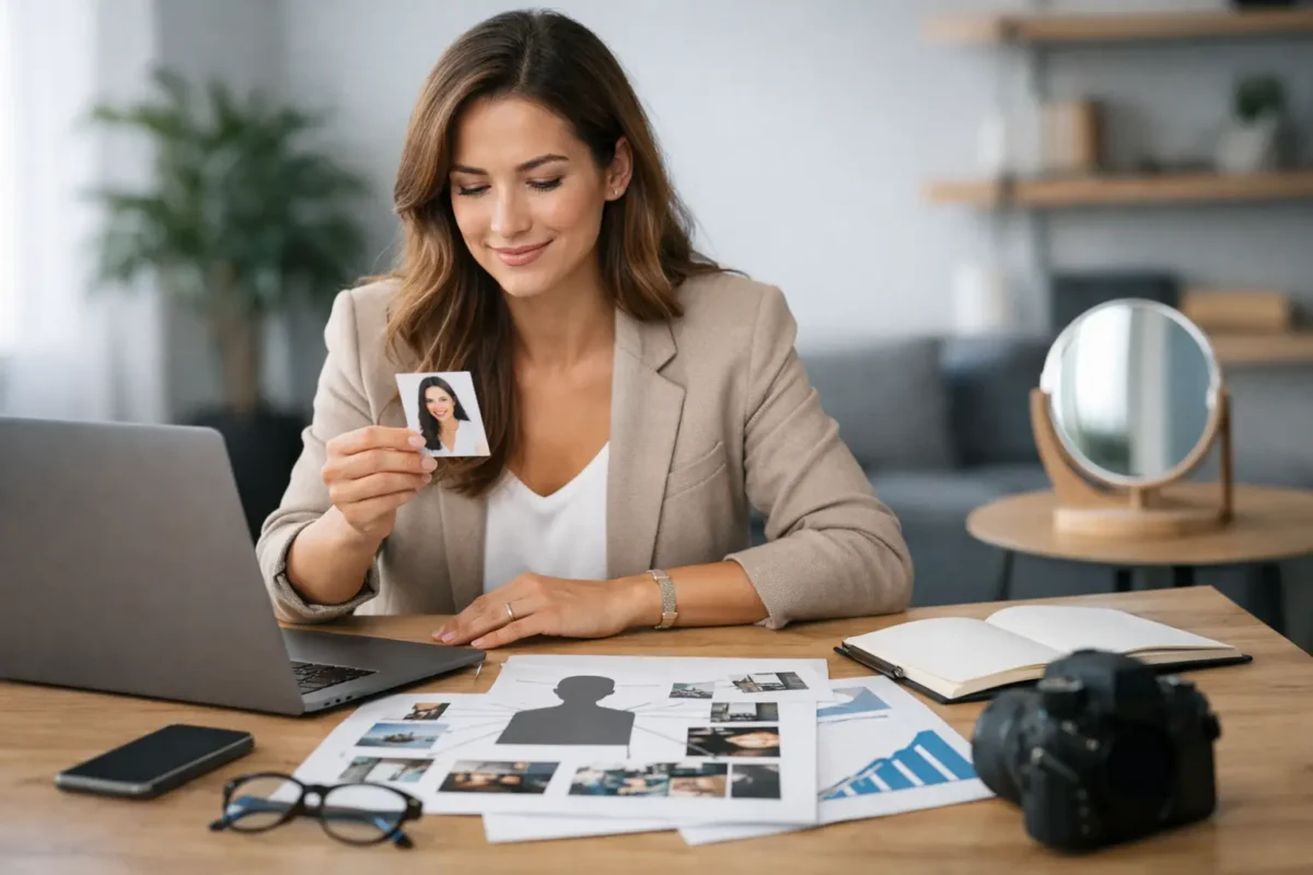 Woman reviewing personal brand photography and strategy for business growth