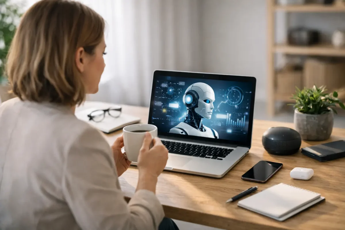 Solopreneur using AI tools on laptop for business productivity and time management.
