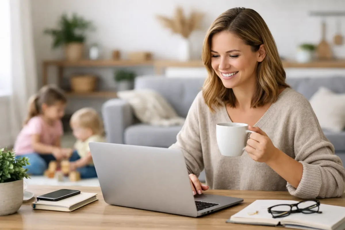 Mom working on laptop with coffee, balancing work and family life for low-lift business ideas.