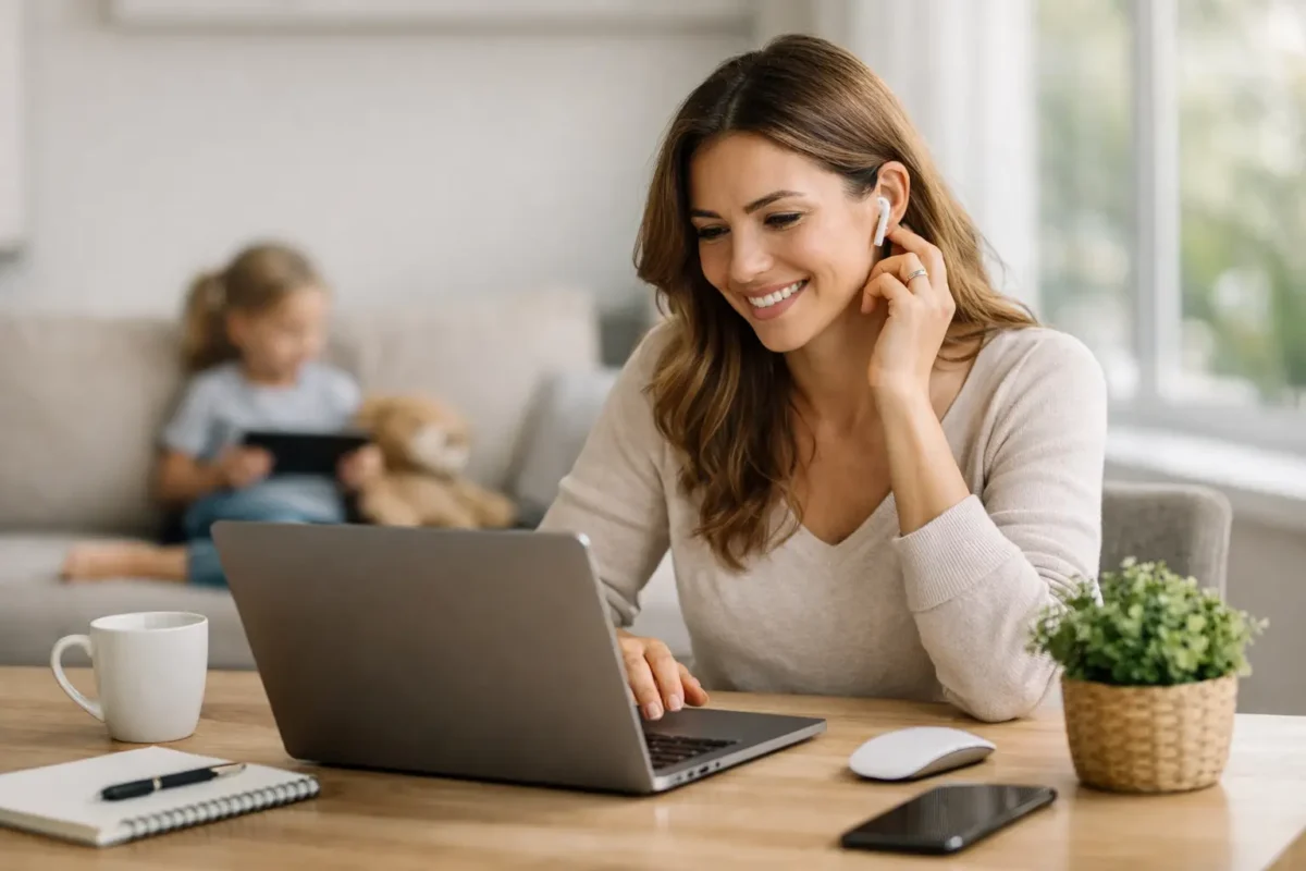Mom working from home with laptop and earbuds, balancing family and affiliate marketing business.