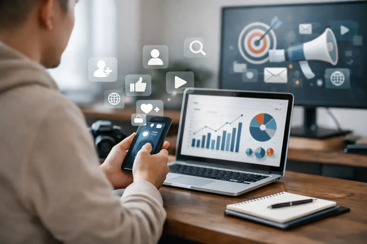 Faceless digital marketing concepts and strategies on laptop screen and smartphone.