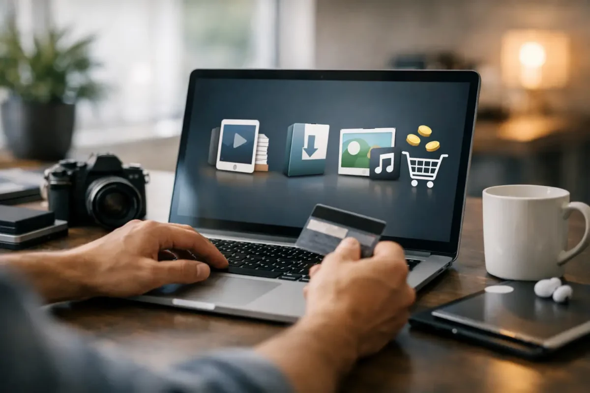 Selling digital products online on laptop and credit card for flexible income
